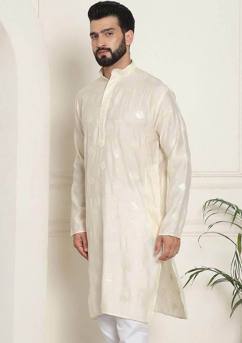 Cream Embellished Cotton Kurta For Men