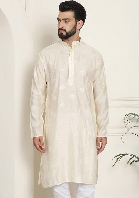 Cream Embellished Cotton Kurta For Men — view on Indya