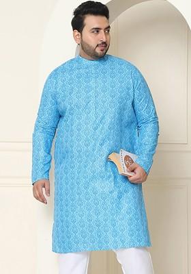Turquoise Blue Ethnic Motifs Poly Blend Kurta For Men