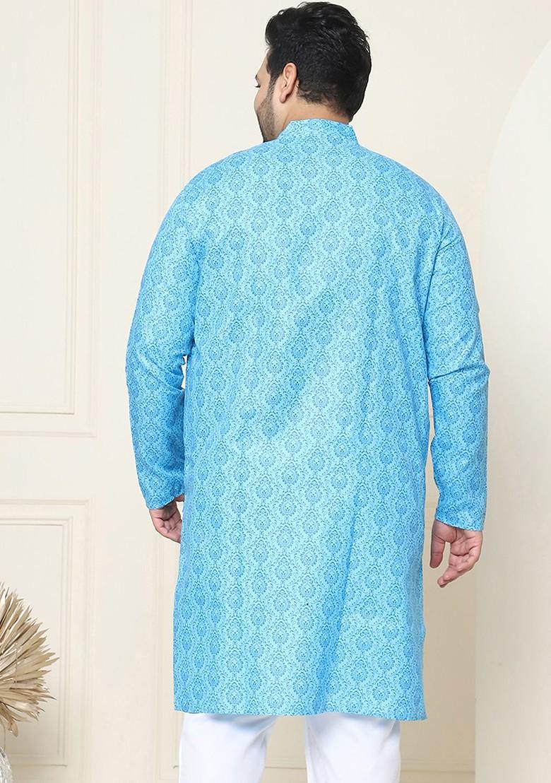 Turquoise Blue Ethnic Motifs Poly Blend Kurta For Men