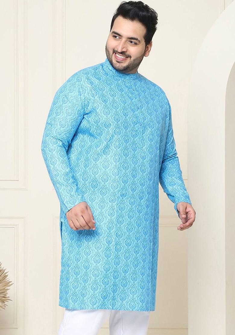 Turquoise Blue Ethnic Motifs Poly Blend Kurta For Men