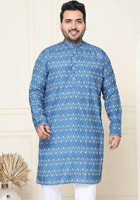 Navy Blue Printed Cotton Kurta For Men