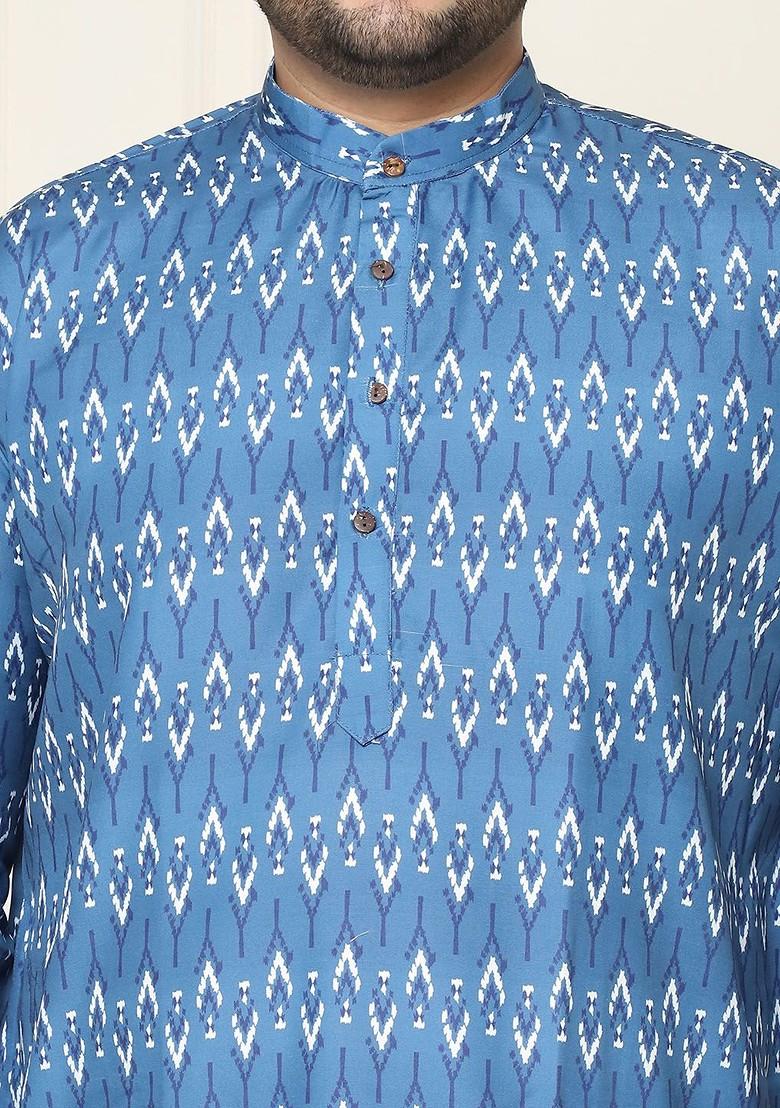 Navy Blue Printed Cotton Kurta For Men