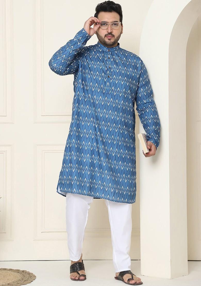 Navy Blue Printed Cotton Kurta For Men