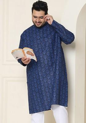 Navy Blue Ethnic Motifs Poly Blend Kurta For Men