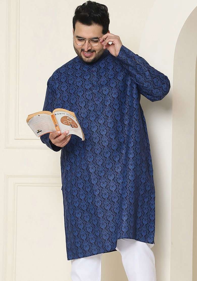 Navy Blue Ethnic Motifs Poly Blend Kurta For Men - Indya