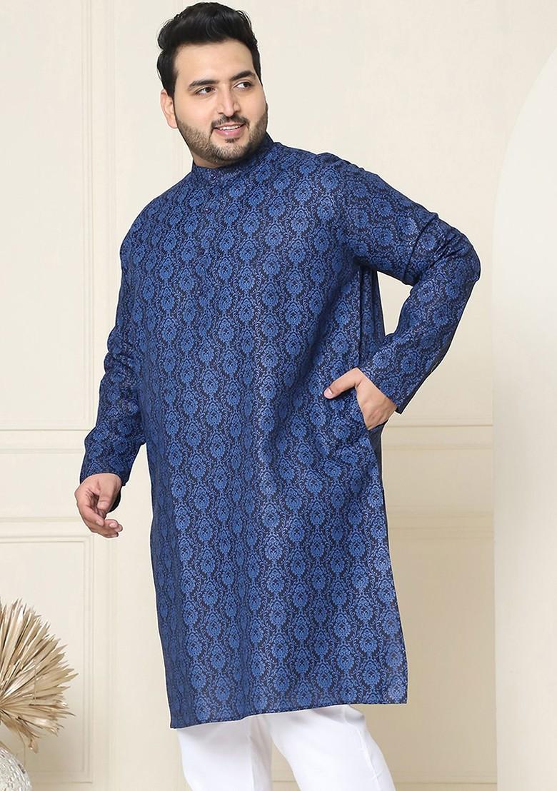 Navy Blue Ethnic Motifs Poly Blend Kurta For Men
