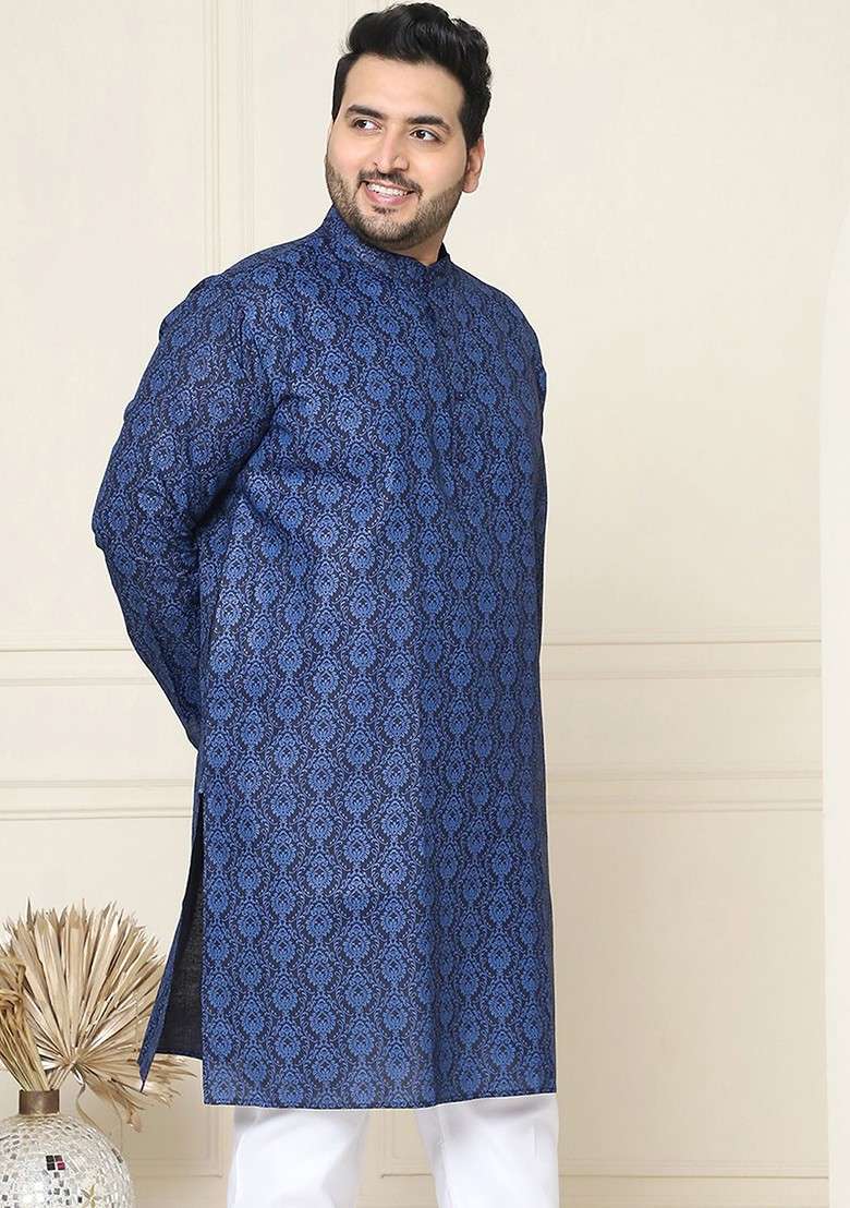 Navy Blue Ethnic Motifs Poly Blend Kurta For Men - Indya