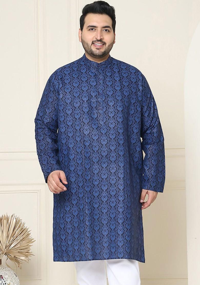 Navy Blue Ethnic Motifs Poly Blend Kurta For Men