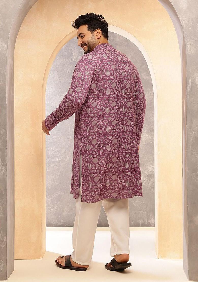 Purple Printed Poly Blend Kurta For Men
