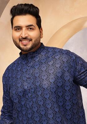 Navy Blue Ethnic Motifs Poly Blend Kurta For Men