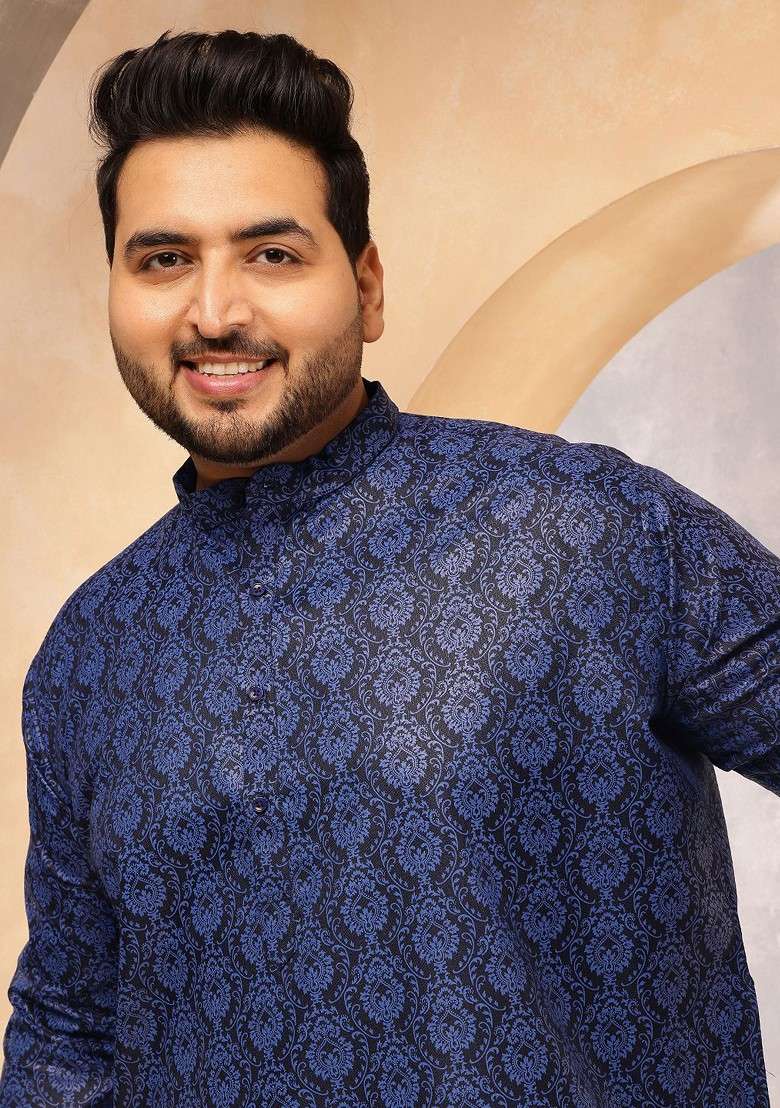 Navy Blue Ethnic Motifs Poly Blend Kurta For Men - Indya