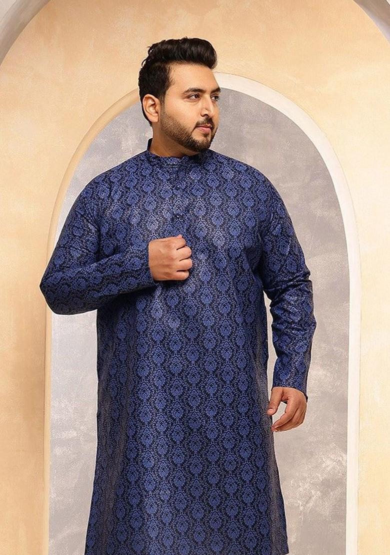 Navy Blue Ethnic Motifs Poly Blend Kurta For Men