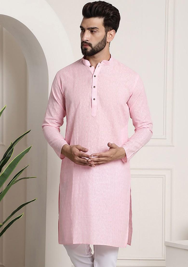 Pink Solid Poly Blend Kurta For Men