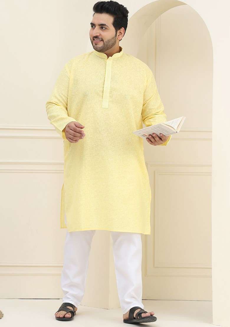 Yellow Solid Cotton Kurta For Men - Indya