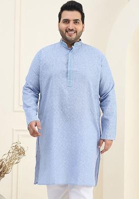Blue Solid Cotton Kurta For Men