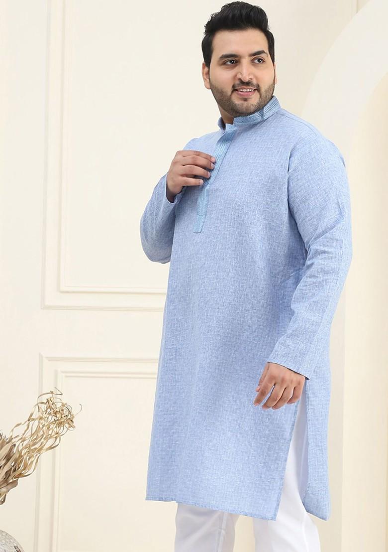 Blue Solid Cotton Kurta For Men