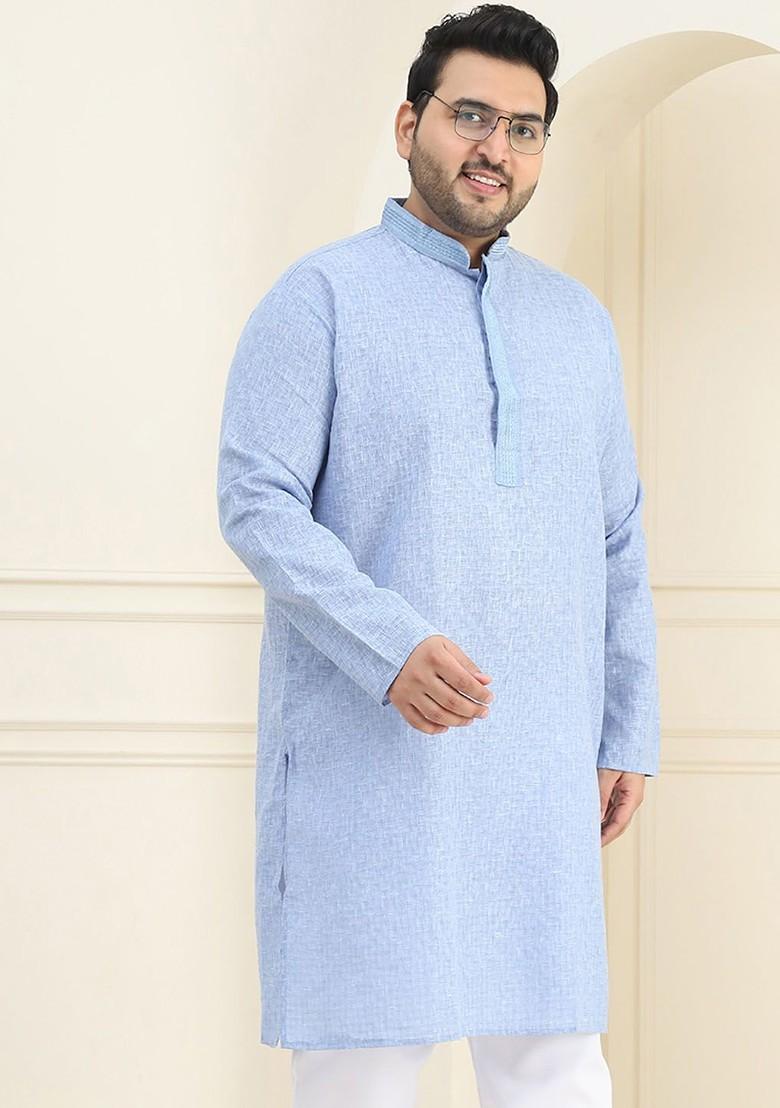 Blue Solid Cotton Kurta For Men