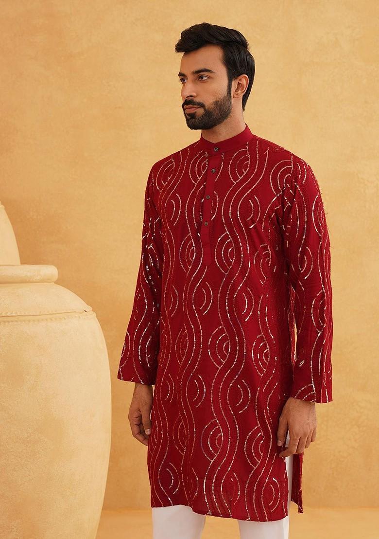 Maroon Embroidered Cotton Kurta For Men
