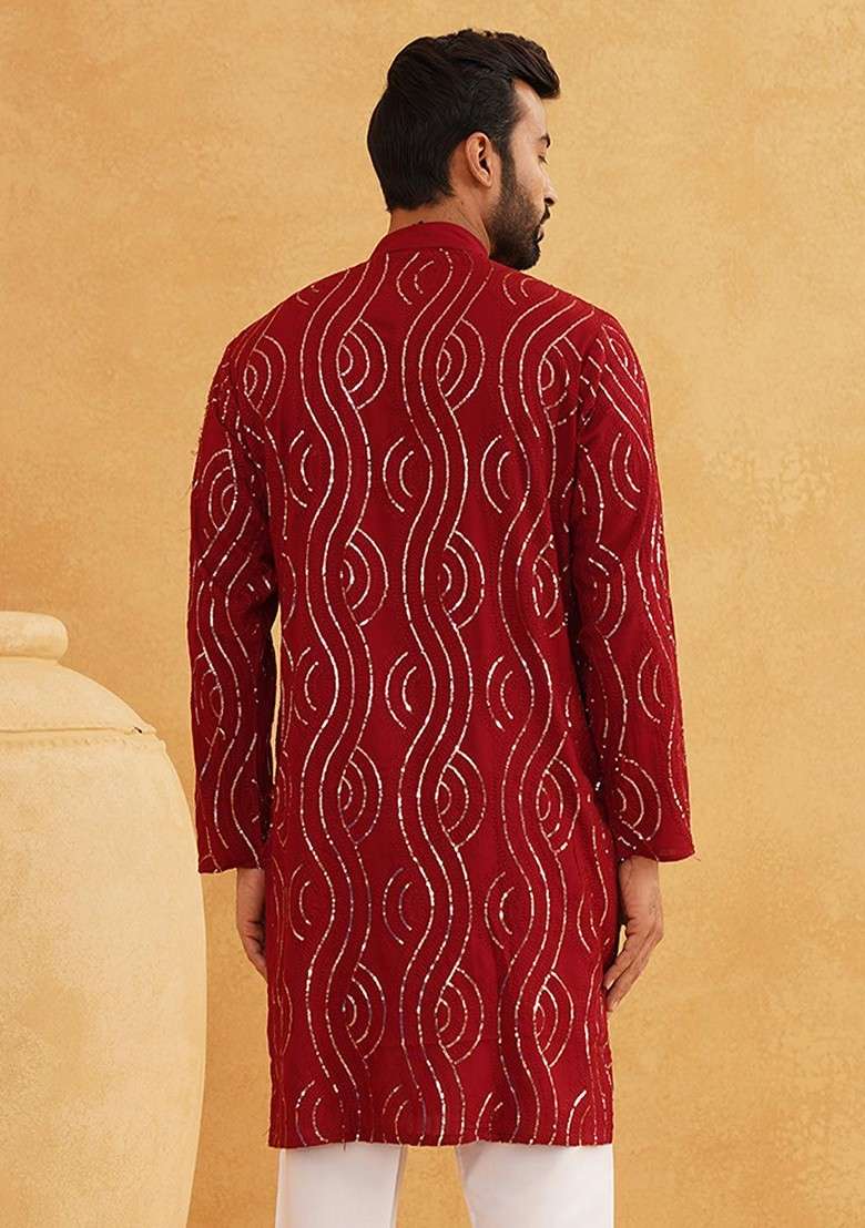 Maroon Embroidered Cotton Kurta For Men - Indya