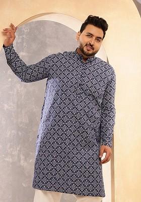 Navy Blue Printed Poly Blend Kurta For Men