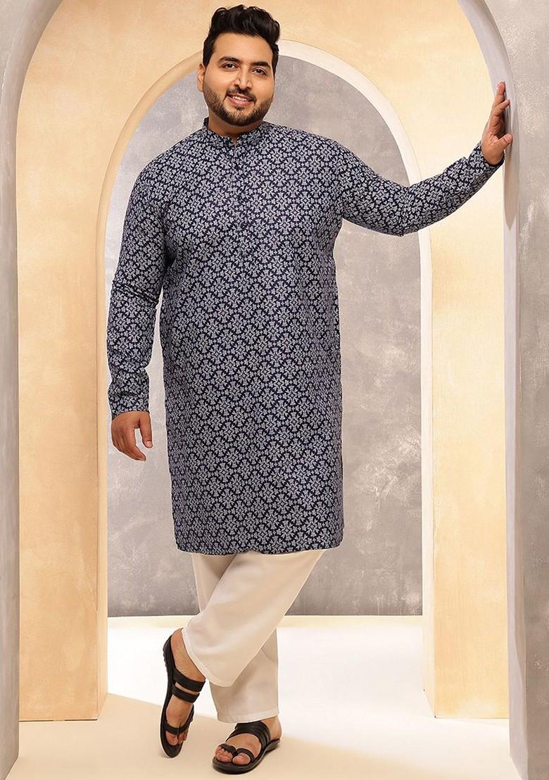 Navy Blue Printed Poly Blend Kurta For Men