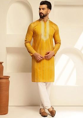 Mustard Thread Work Cotton Kurta For Men