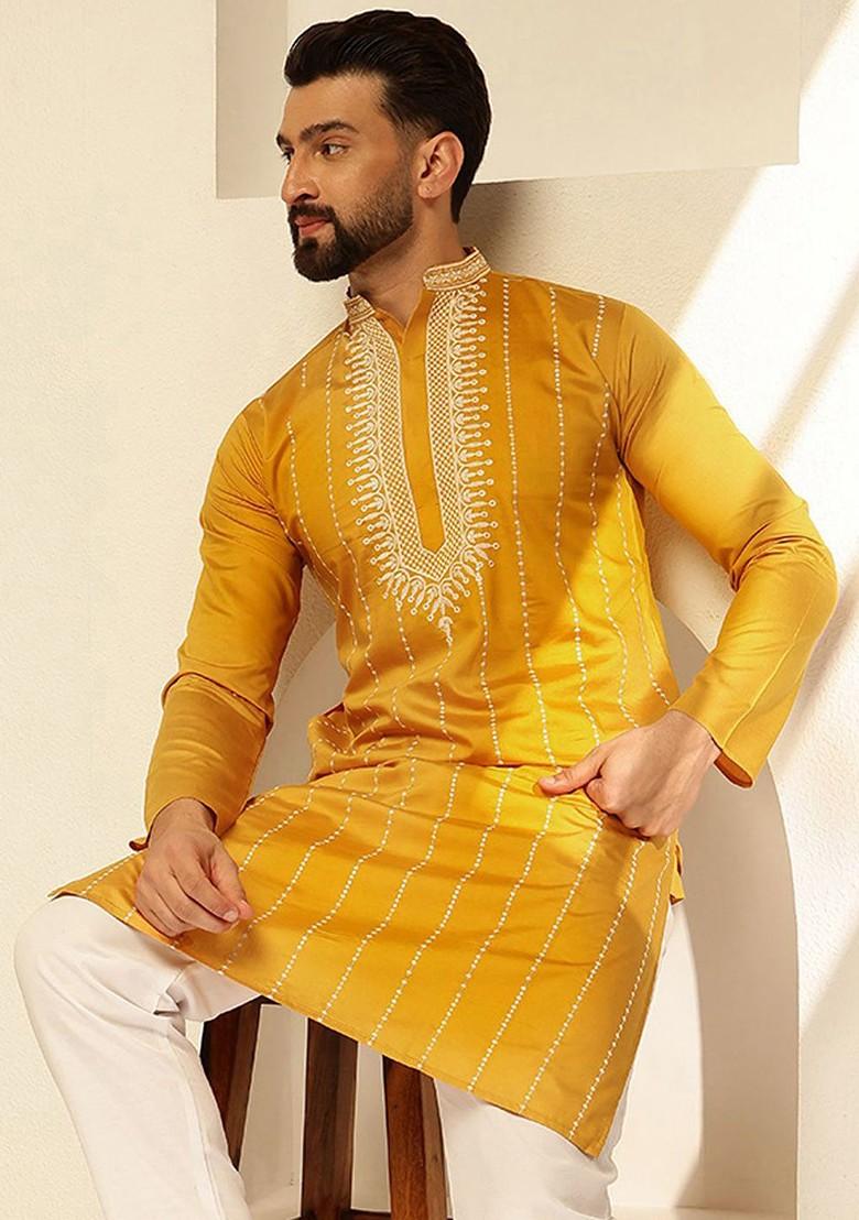 Mustard Thread Work Cotton Kurta For Men