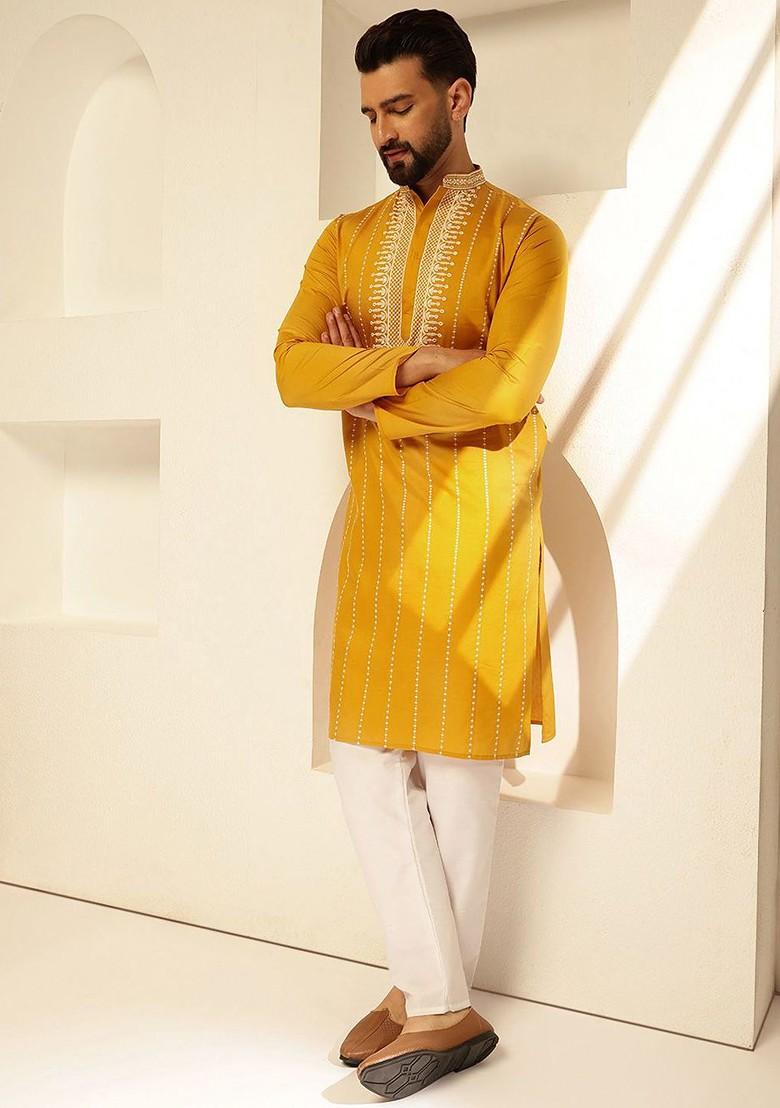 Mustard Thread Work Cotton Kurta For Men