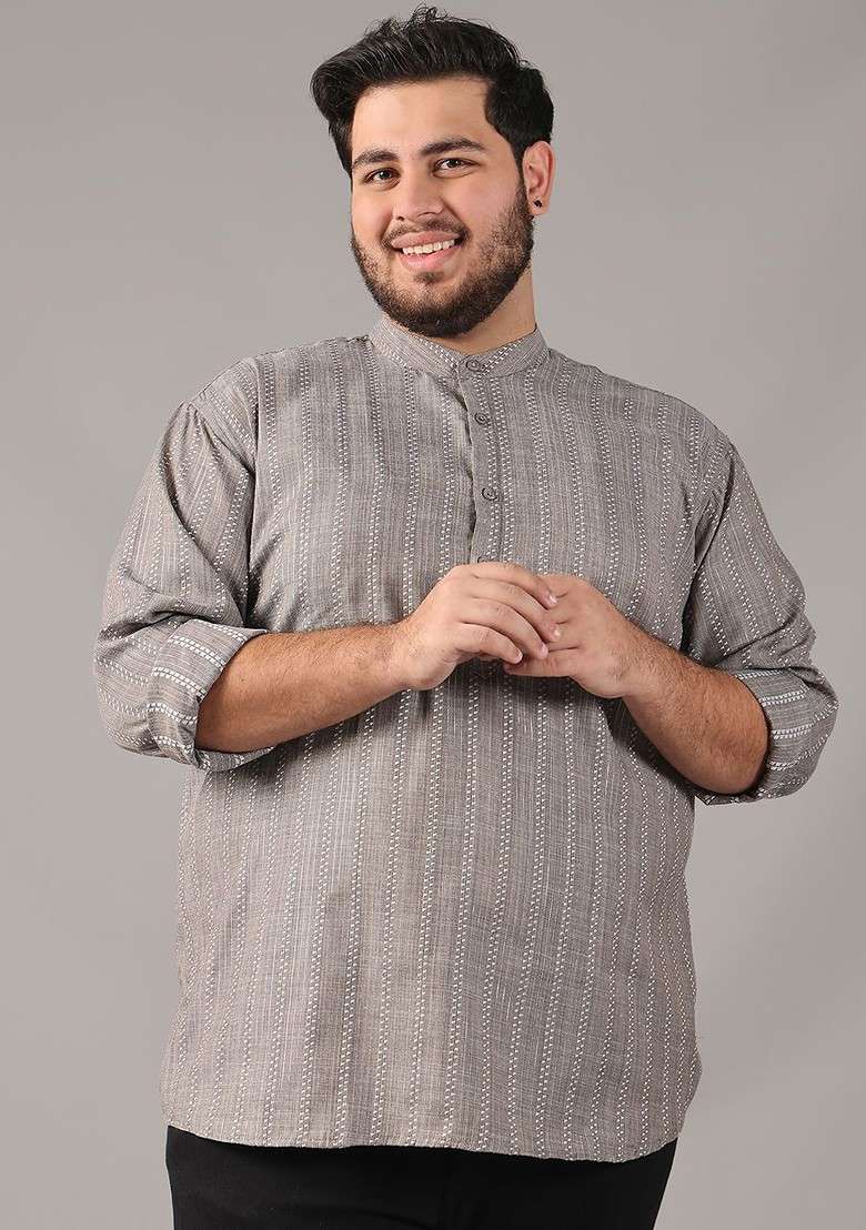 Grey Woven Cotton Kurta For Men - Indya