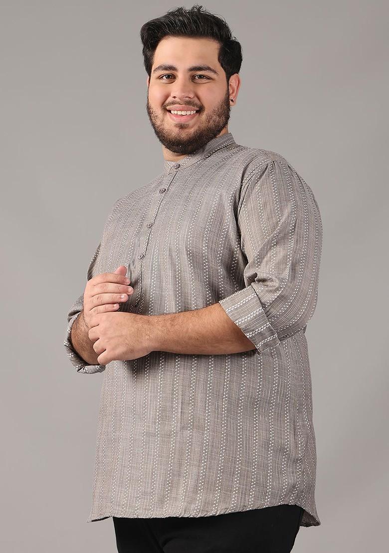 Grey Woven Cotton Kurta For Men