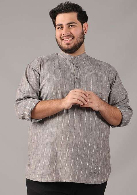 Grey Woven Cotton Kurta For Men