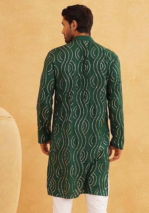 Green Embroidered Cotton Kurta For Men