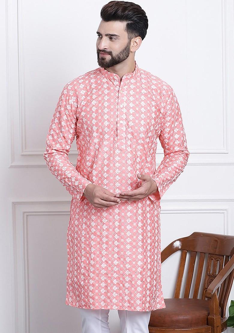 Pink Thread Work Poly Blend Kurta For Men