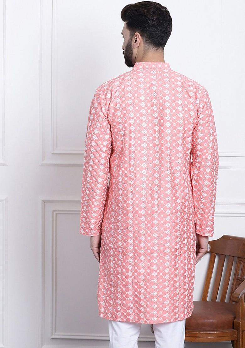 Pink Thread Work Poly Blend Kurta For Men