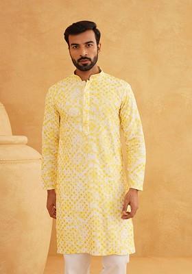 Mustard Embroidered Cotton Kurta For Men