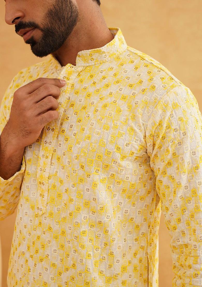 Mustard Embroidered Cotton Kurta For Men