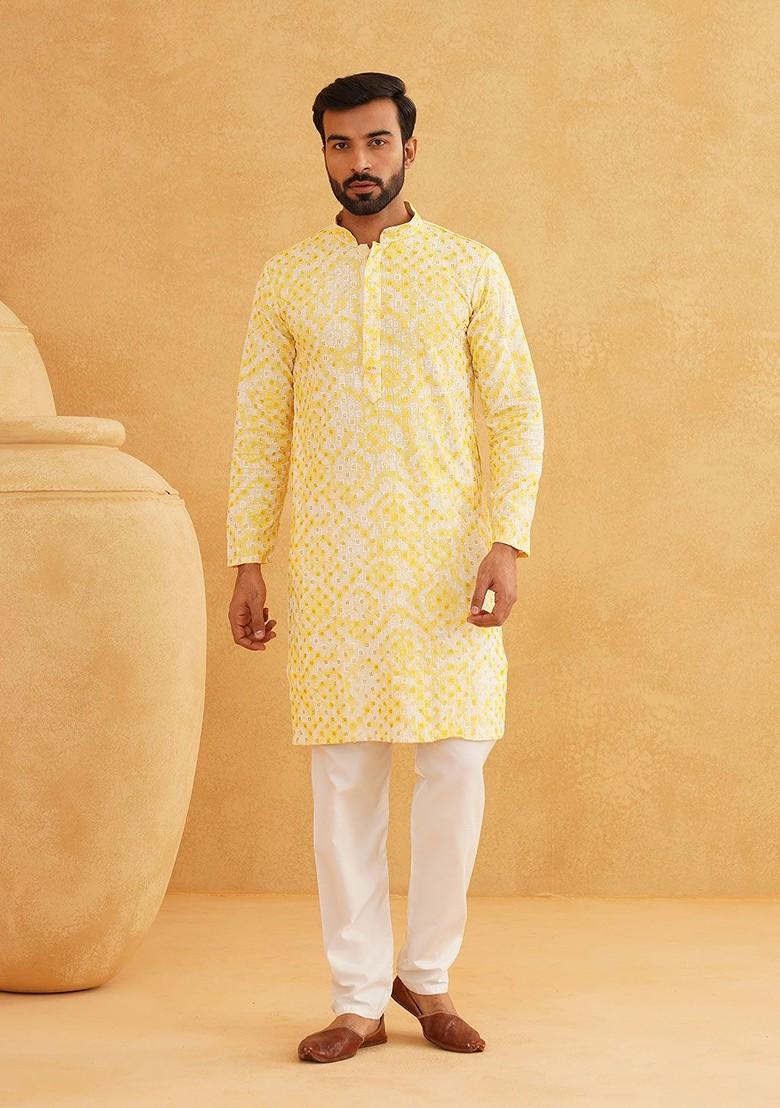 Mustard Embroidered Cotton Kurta For Men
