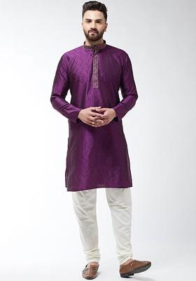 Purple Thread Work Poly Blend Kurta For Men