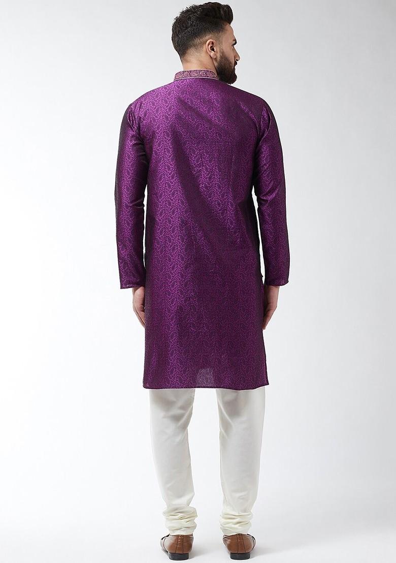 Purple Thread Work Poly Blend Kurta For Men