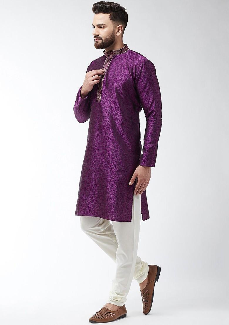 Purple Thread Work Poly Blend Kurta For Men