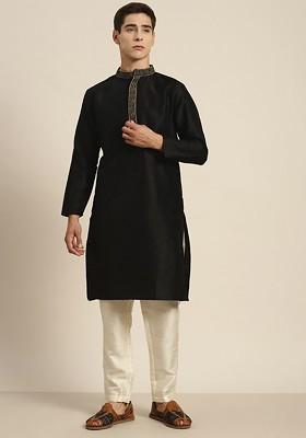 Black Ethnic Motifs Poly Blend Kurta For Men