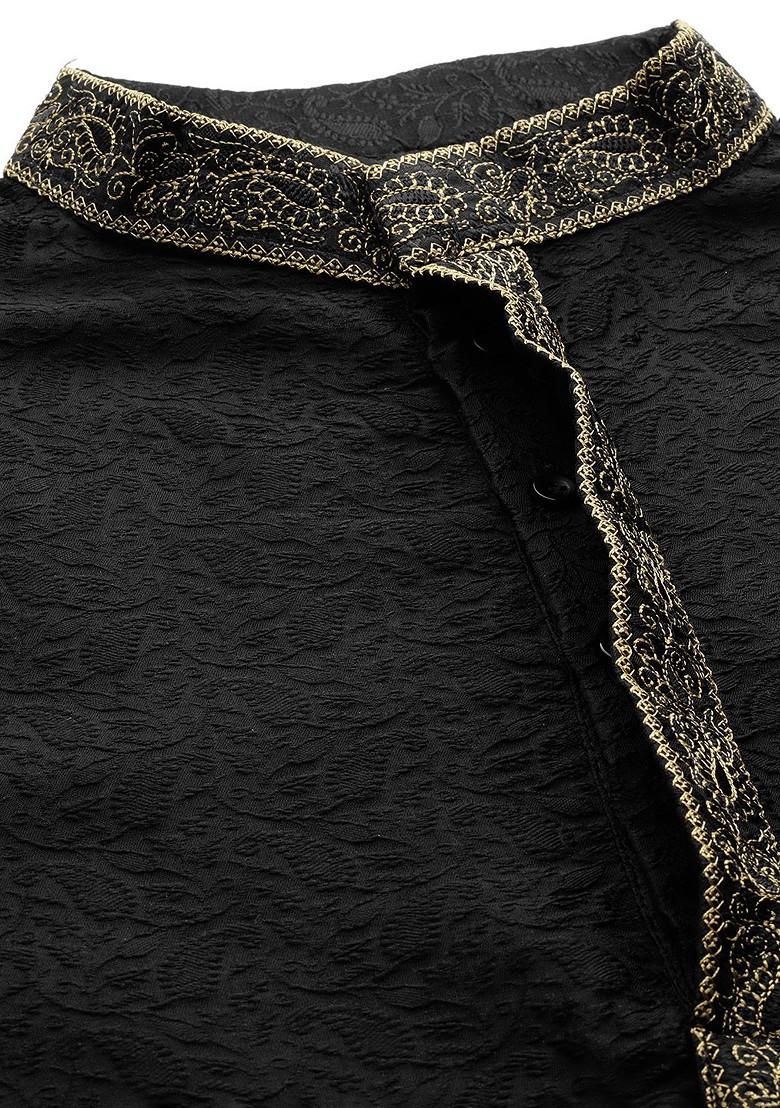 Black Ethnic Motifs Poly Blend Kurta For Men
