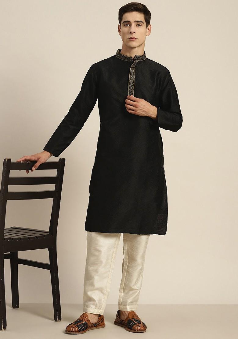 Black Ethnic Motifs Poly Blend Kurta For Men