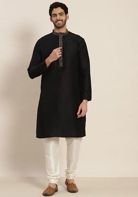Black Ethnic Motifs Jacquard Kurta For Men