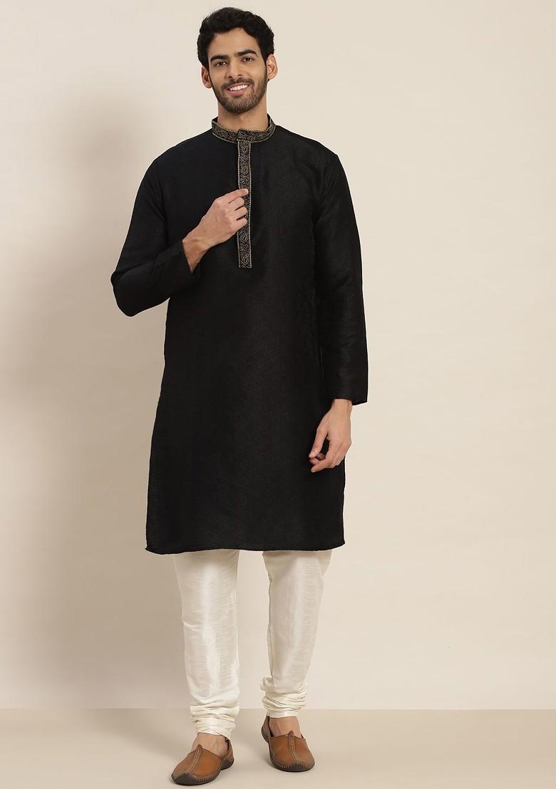 Black Ethnic Motifs Jacquard Kurta For Men