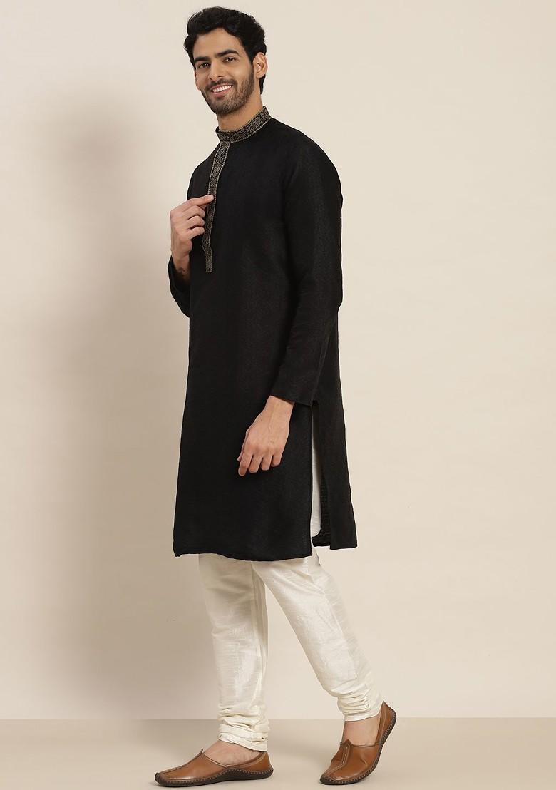 Black Ethnic Motifs Jacquard Kurta For Men