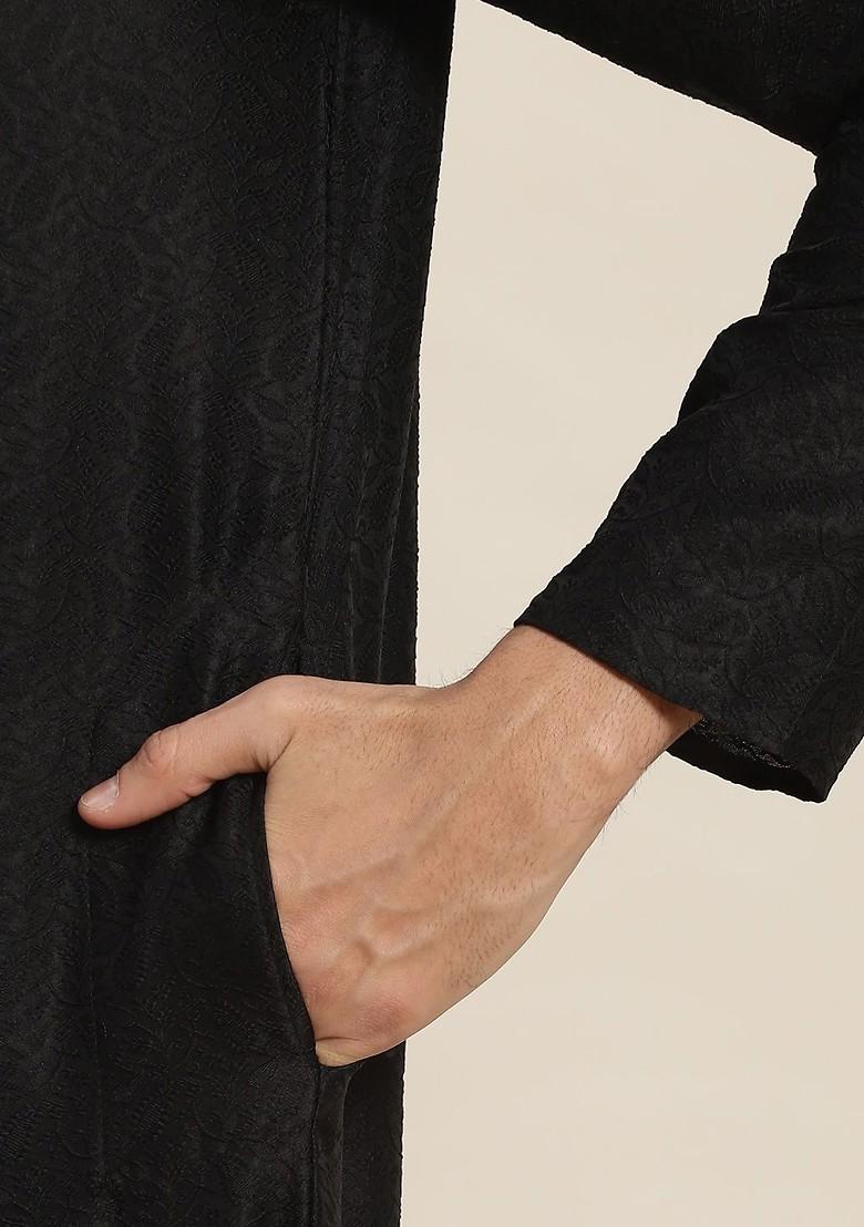 Black Ethnic Motifs Jacquard Kurta For Men