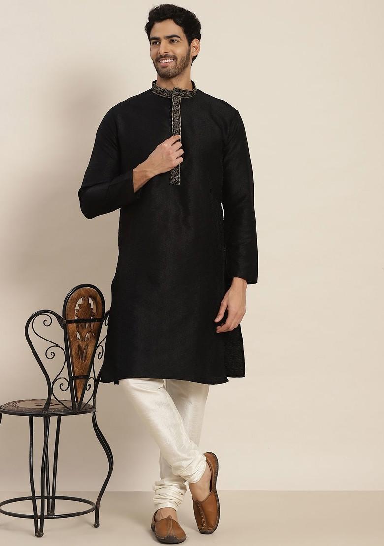 Black Ethnic Motifs Jacquard Kurta For Men