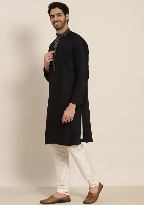 Black Ethnic Motifs Jacquard Kurta For Men